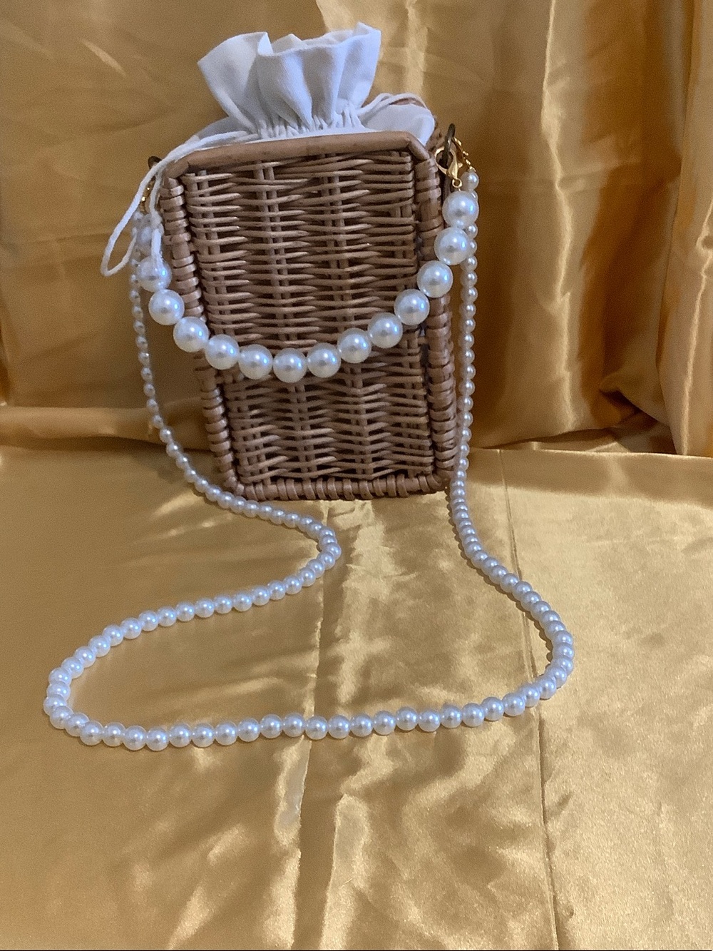 Woven Pearl-Trim Crossbody Bag in Natural and White
